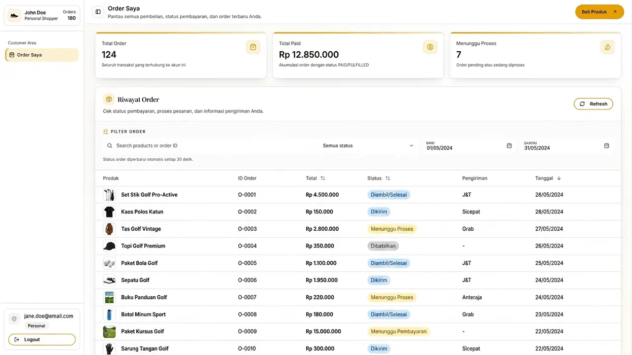 Portal pelanggan Elvo Golf yang menampilkan riwayat dan detail pesanan