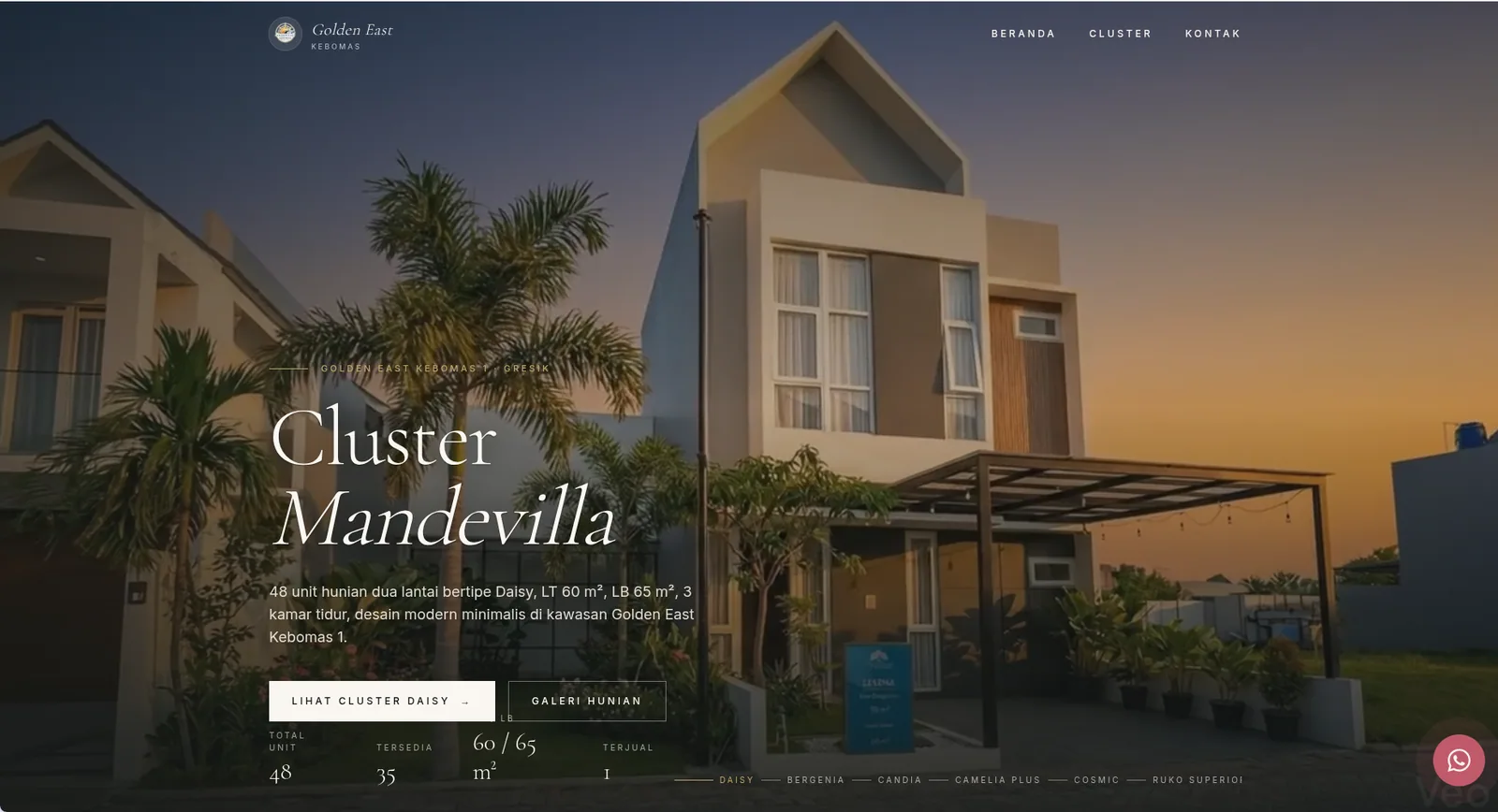 Homepage Golden East Kebomas dengan tampilan Cluster Mandevilla