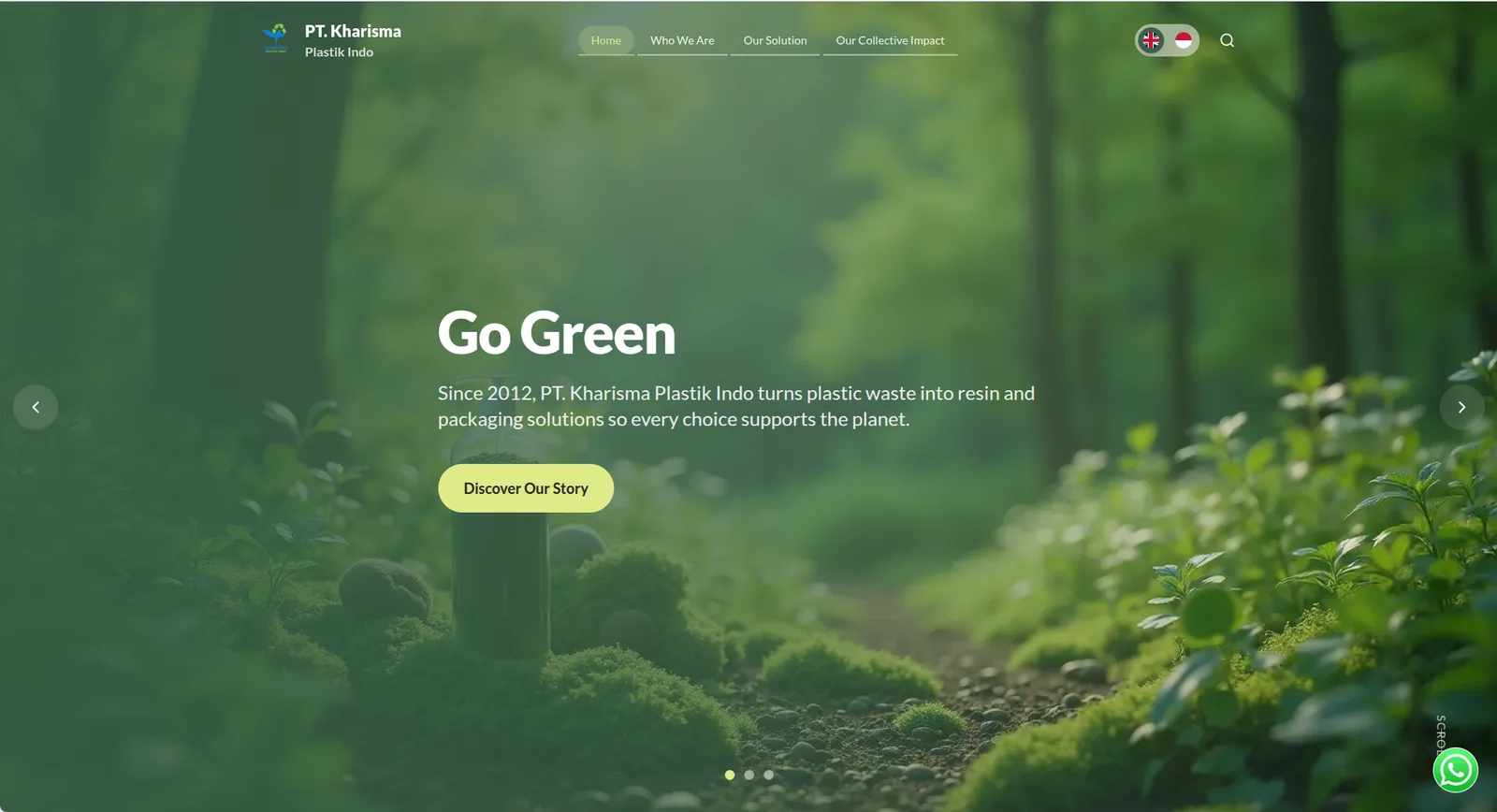 Homepage Kharisma Plastik Indo dengan pesan keberlanjutan Go Green