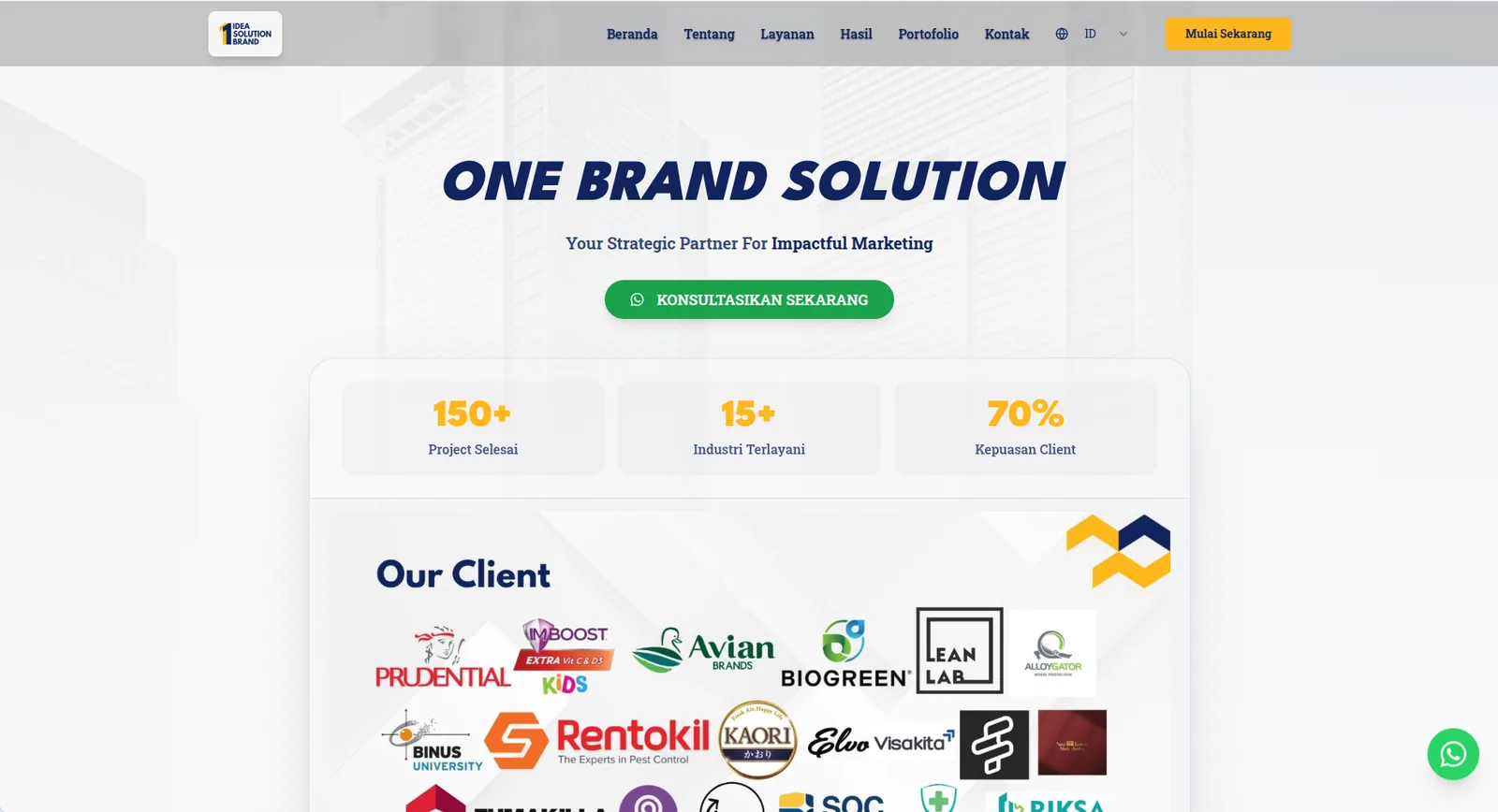 Homepage One Brand Solution dengan ringkasan proyek dan daftar klien