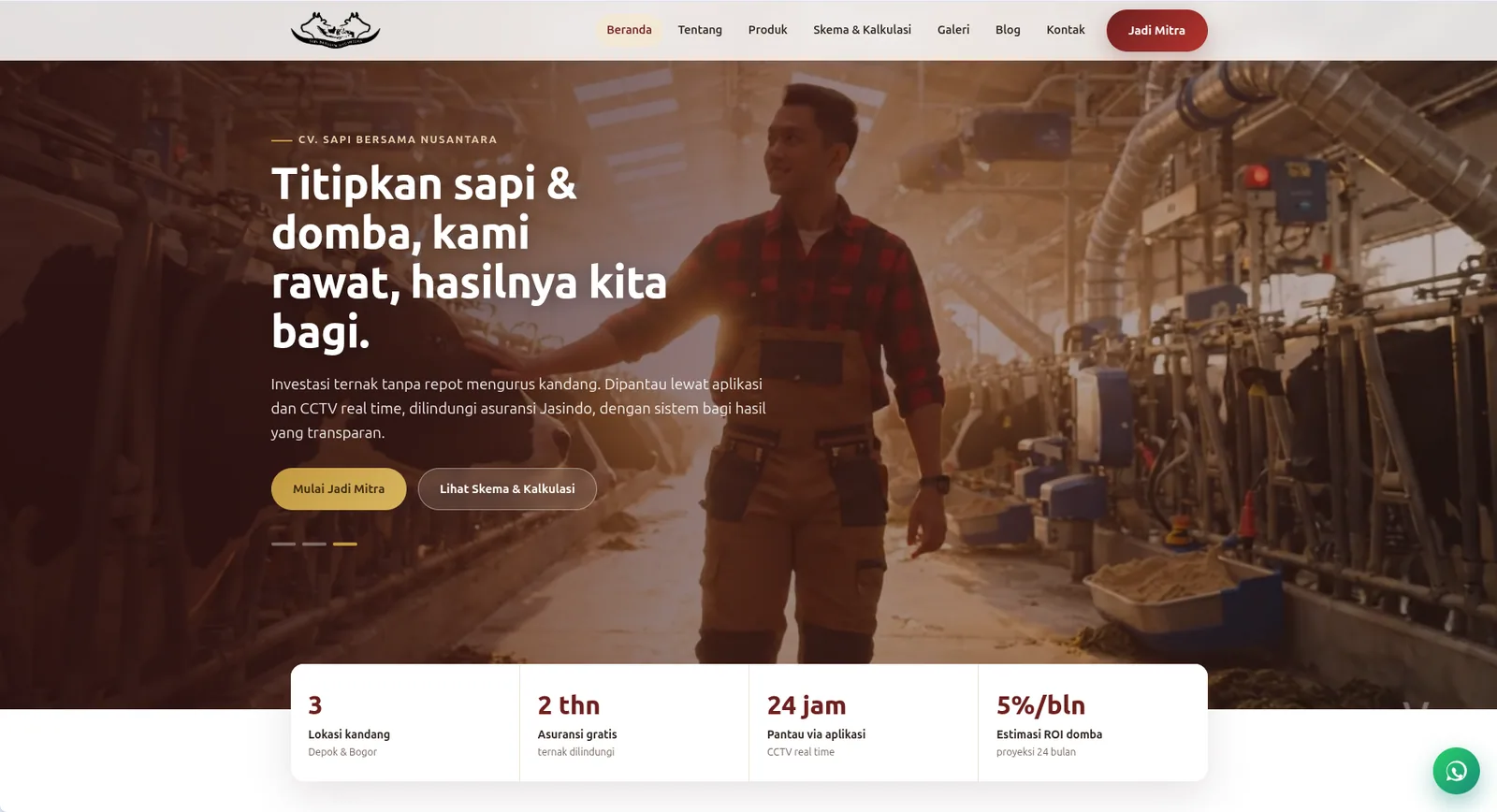 Homepage Sapi Bersama Nusantara untuk layanan penitipan dan kemitraan ternak