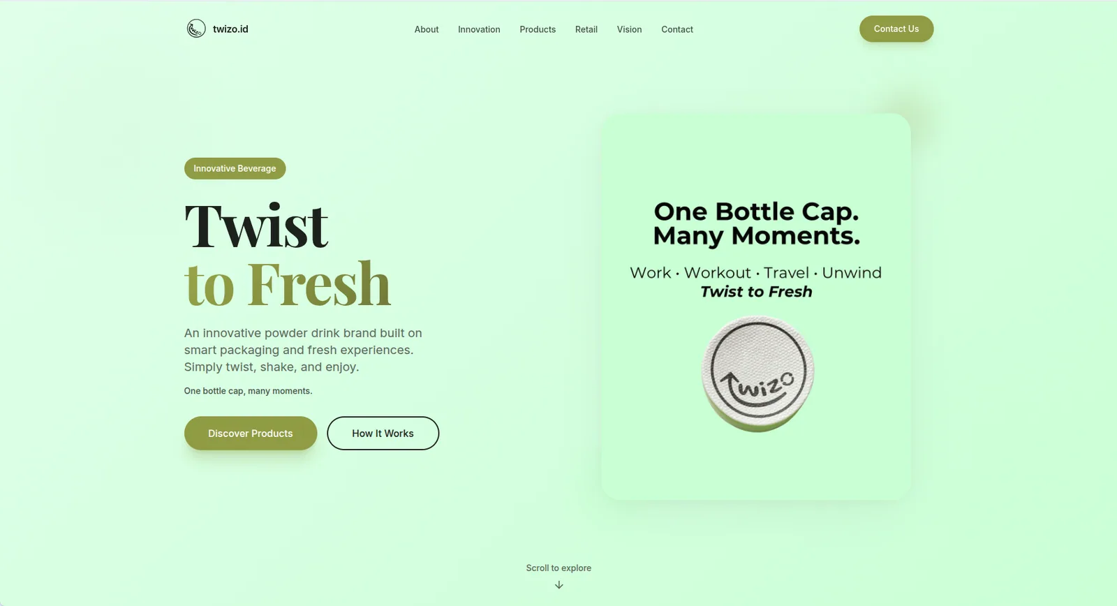 Homepage Twizo dengan pesan Twist to Fresh dan kemasan minuman inovatif